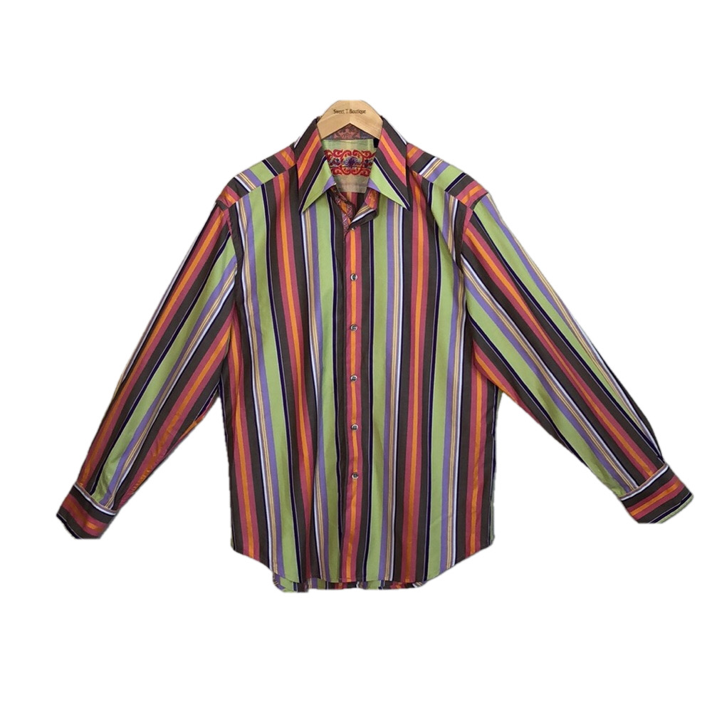 ROBERT GRAHAM Men's Large Colorful Striped Cotton Long Sleeve Button Up Shirt‎